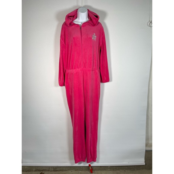 Juicy by Juicy Couture Pink Velour Hooded Jumpsuit Y2K 90s SOFT Comfy Sz L - Picture 16 of 16